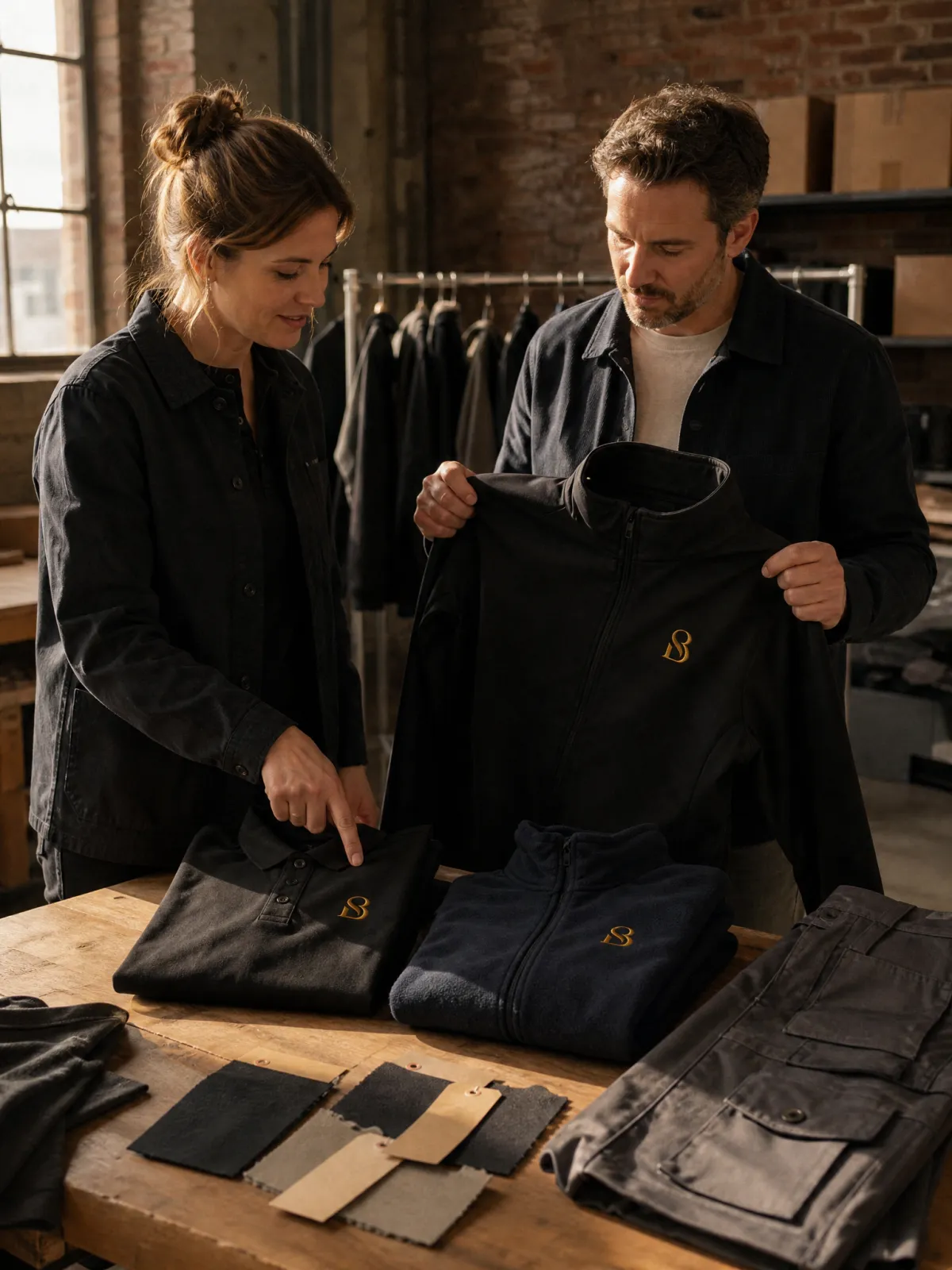 Adviseur bespreekt voorbeeldkleding met logo met een klant aan een werktafel
