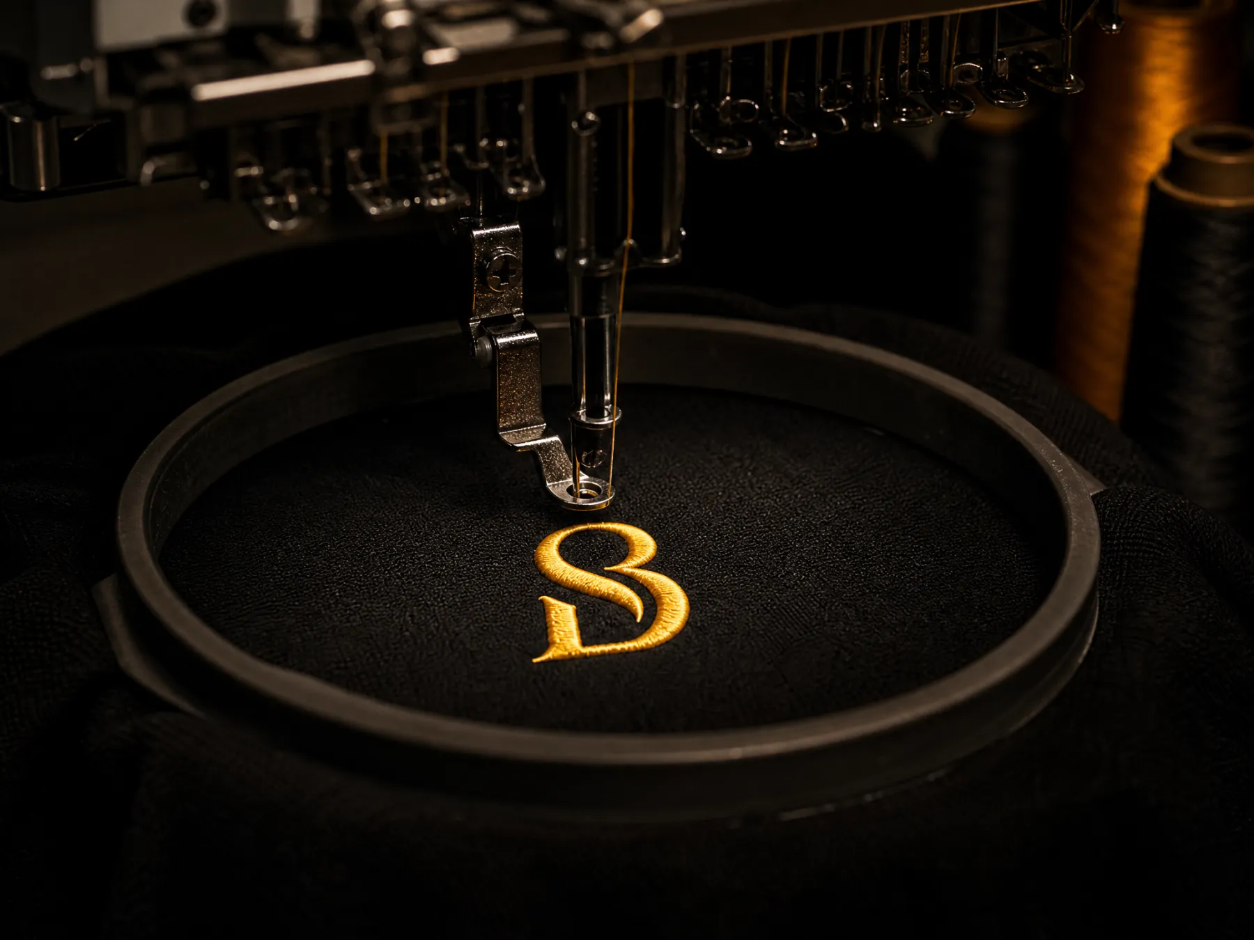 Borduurmachine die een logo borduurt in goudgeel garen