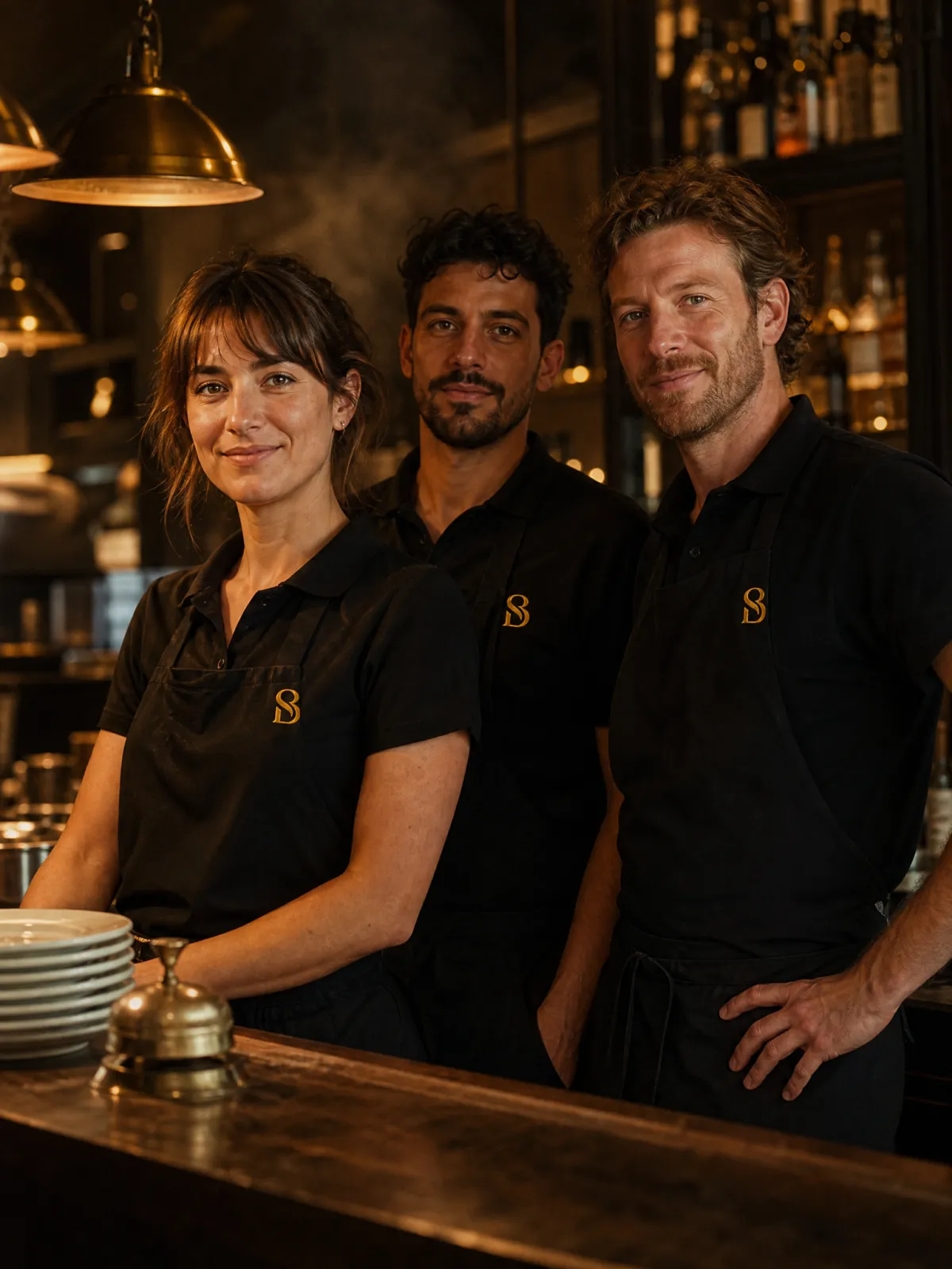 Horecateam in zwarte polo's en schorten met logo