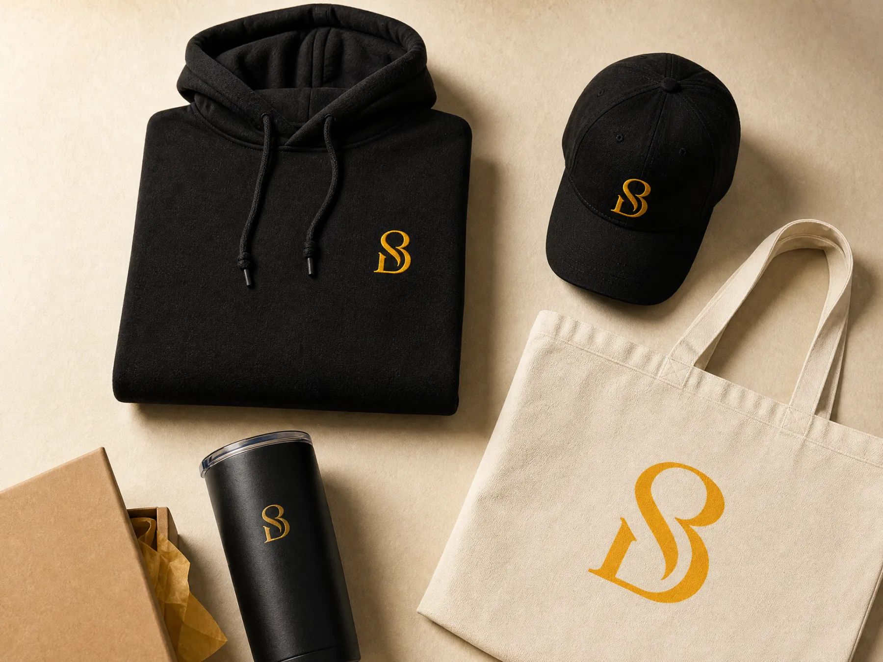 Hoodie, cap, tas en drinkbeker met logo