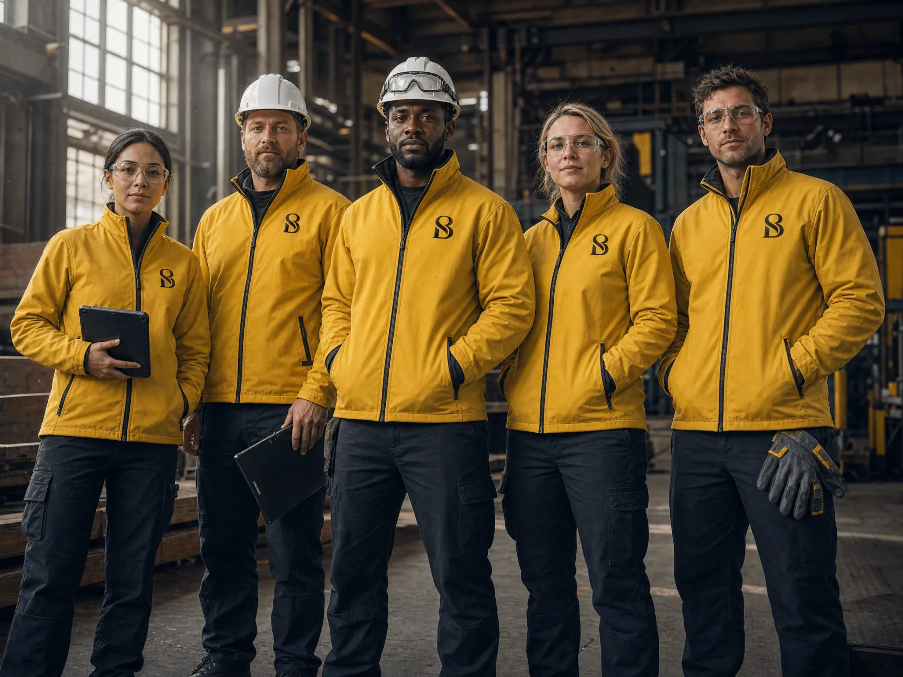 Team in zwarte werkjassen met geborduurd logo